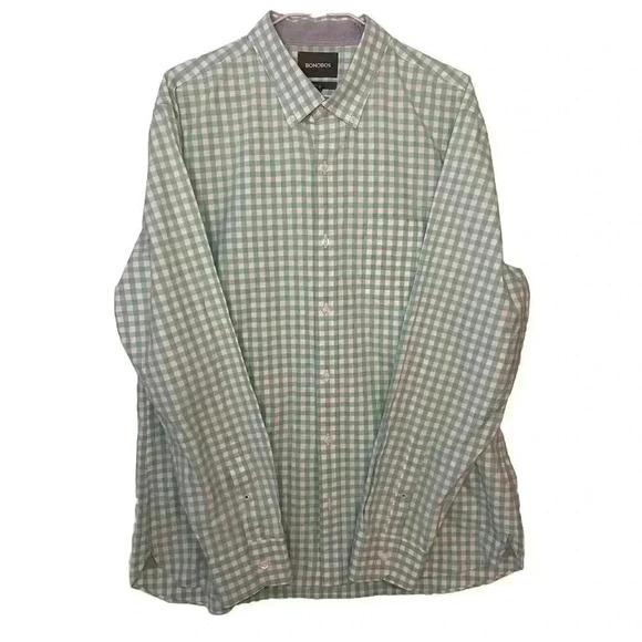 Bonobos Mens XL Slim Fit Button Down Shirt Mint Green White Check Long Sleeves - Picture 1 of 5